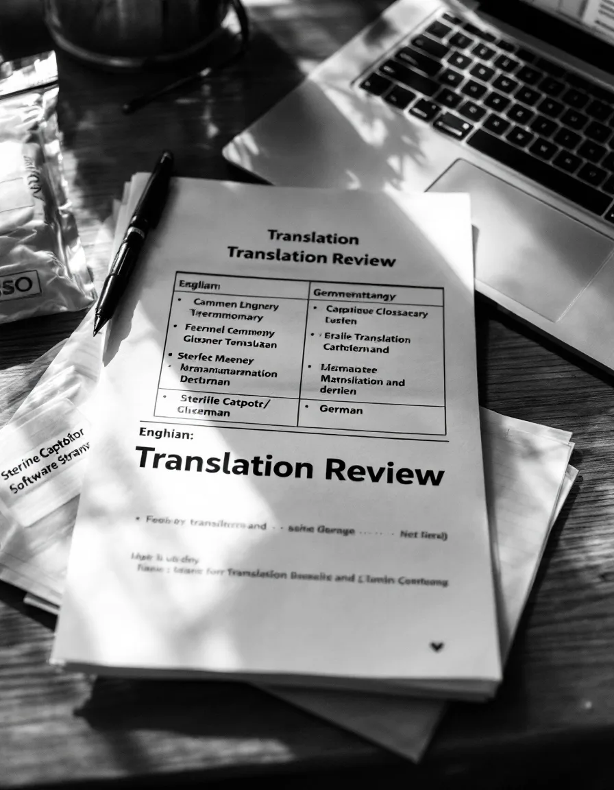 A reviewer’s desk with a printed English–German glossary, a pen and a sterile device pouch, in black and white